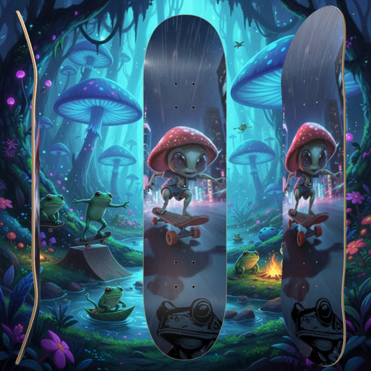 in Magic Mushroom Forest 3 angles of the Bobby 8.0 mushroom alien popsicle stick skateboard deck by Paddle Frogs on a transparent background