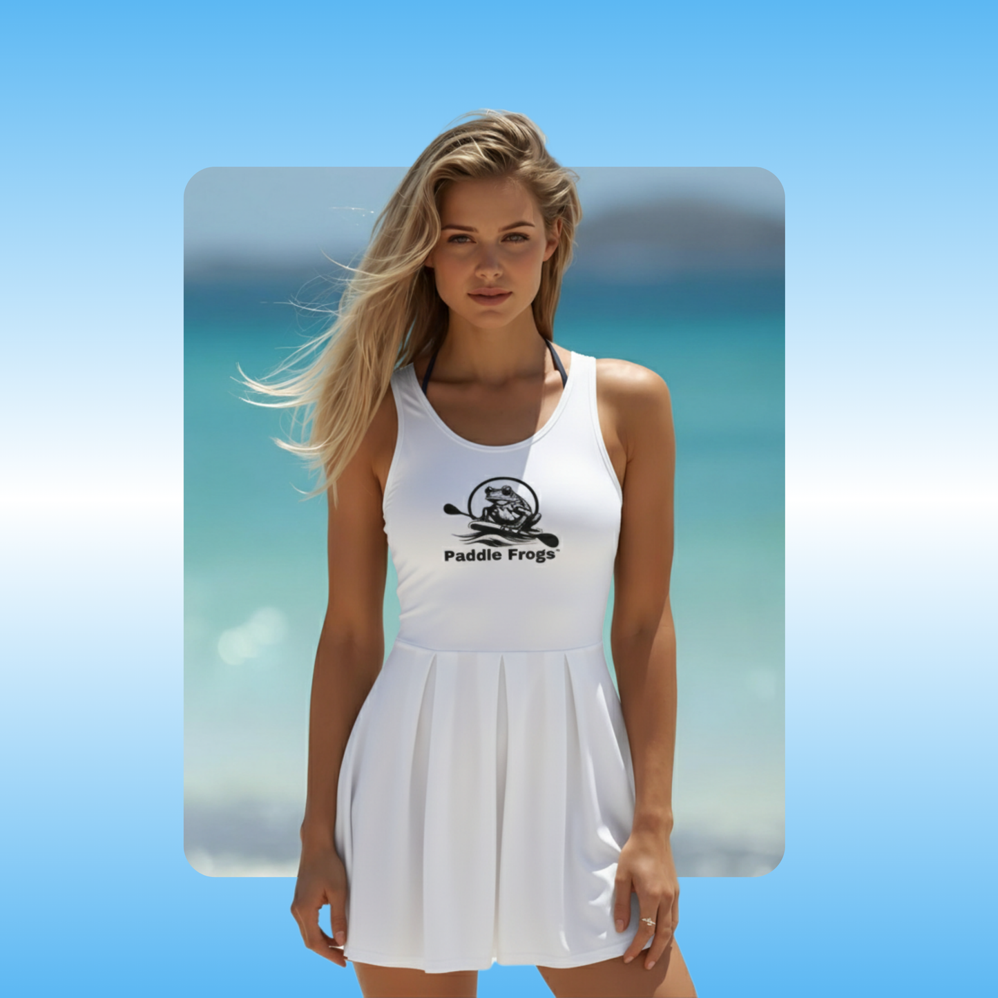lady wearing the White Dress at The Beach Paddle Frogs Outdoor Gear | Woman wearing a white dress with a brand logo on a beach