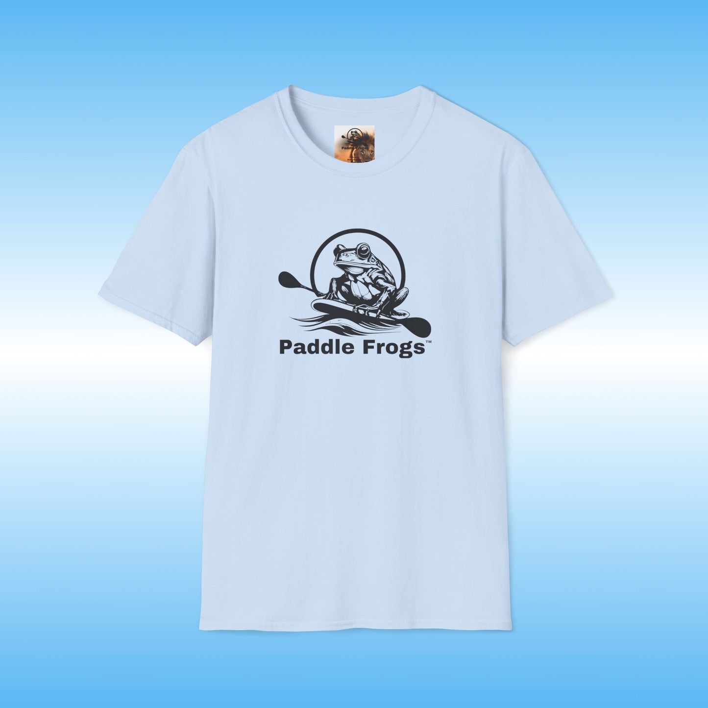 light blue t-shirt with 'Paddle Frogs' logo on a blue background