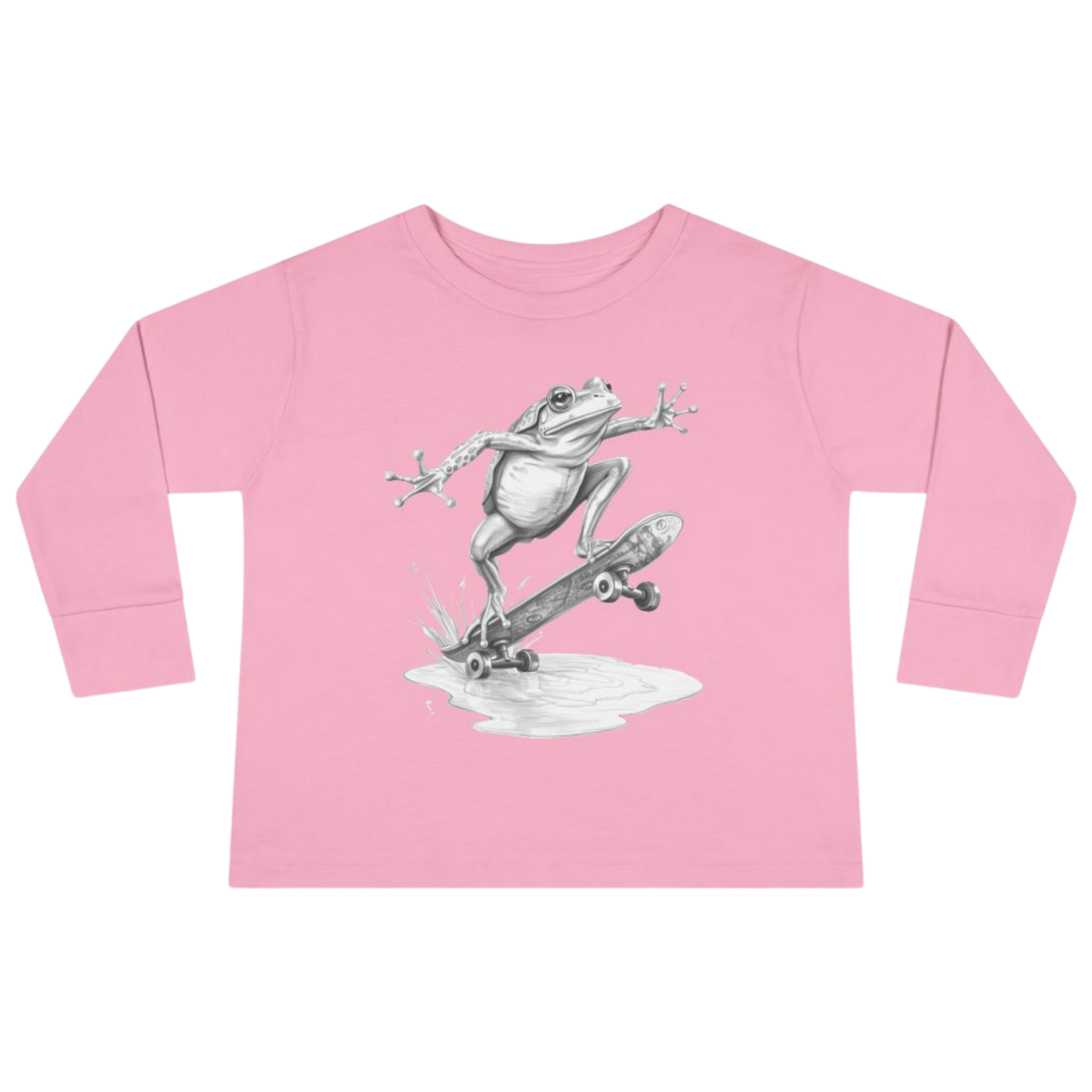 Pink long-sleeve shirt with a frog on a skateboard graphic on a white background