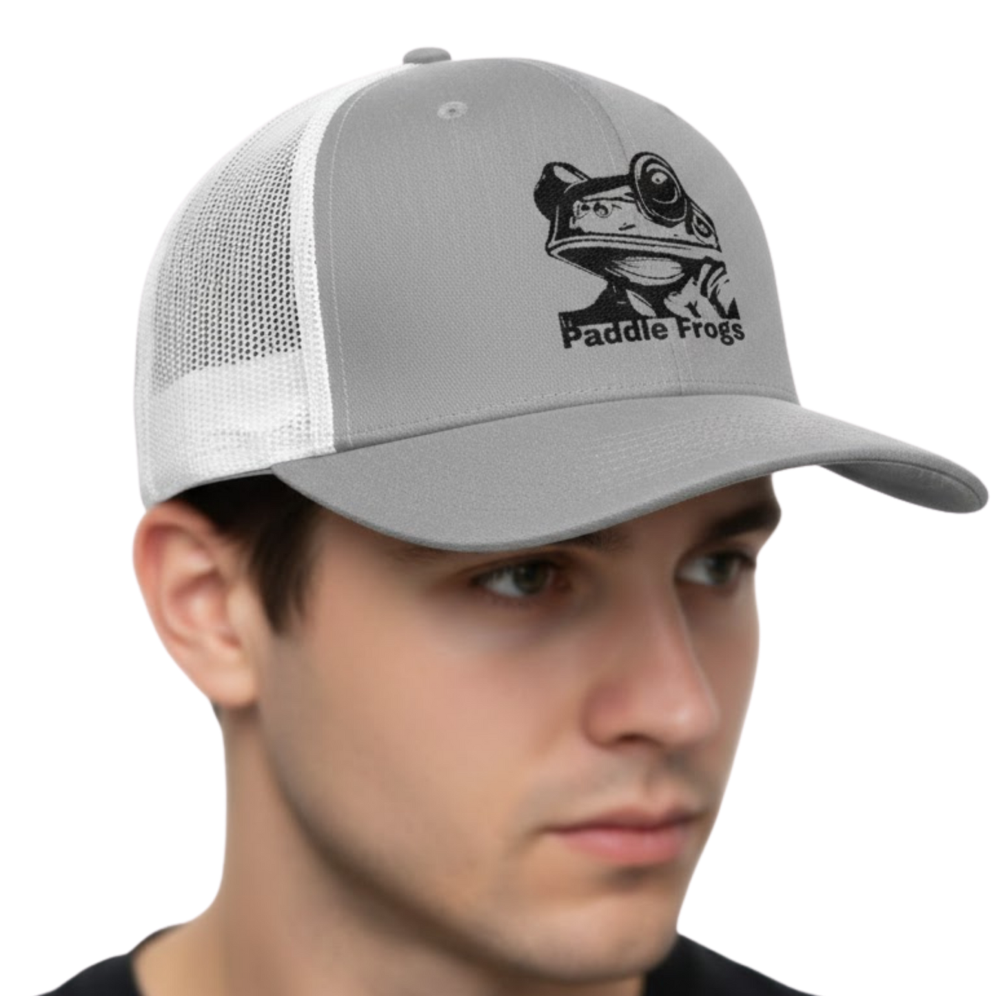 Gray and white cap with a frog logo and 'Paddle Frogs' text worn by a person on a white background