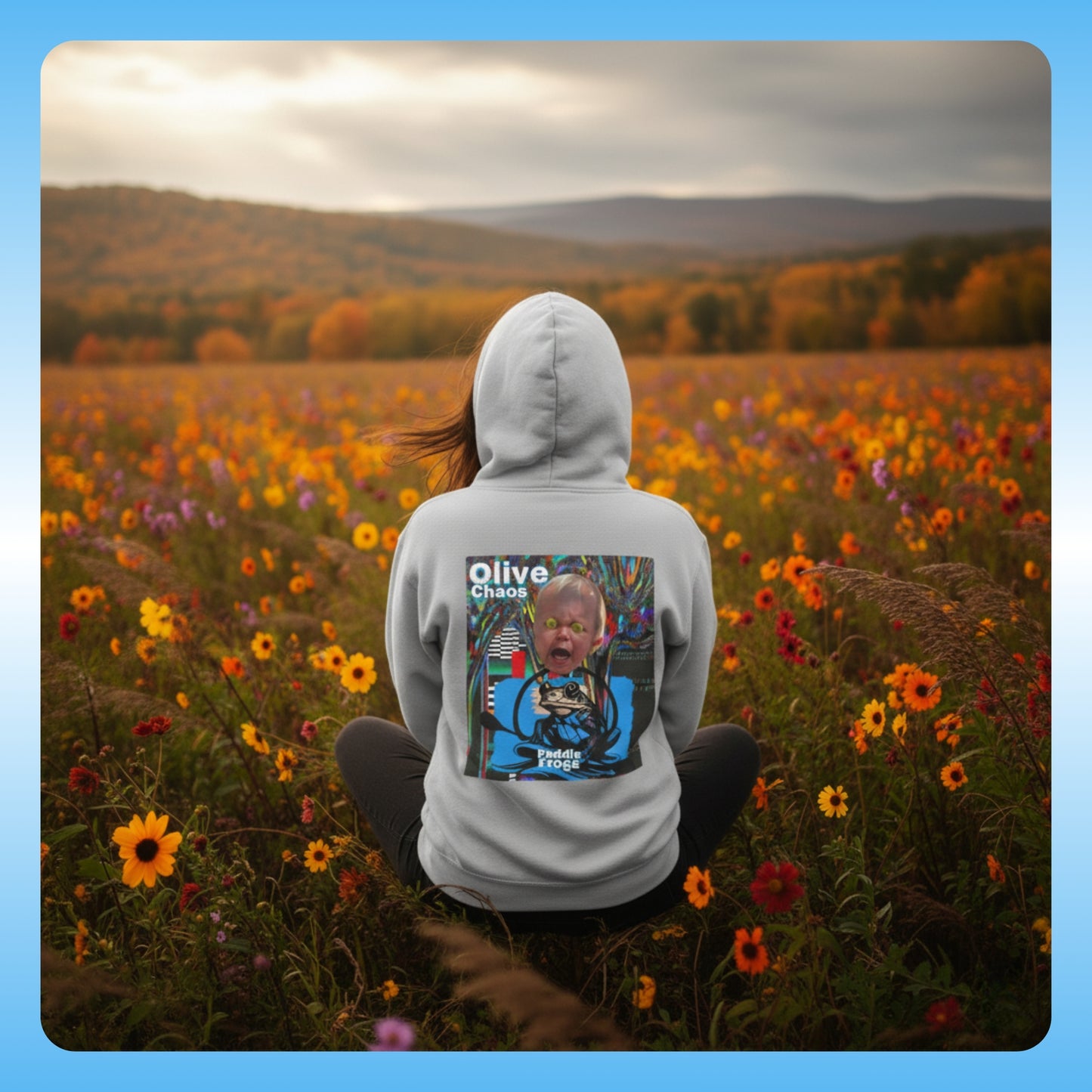olive Chaos Cement Grey Paddle Frogs Outdoor Gear Hoodie pull over coat Person wearing a hoodie with a graphic design sitting in a field of flowers with mountains in the background