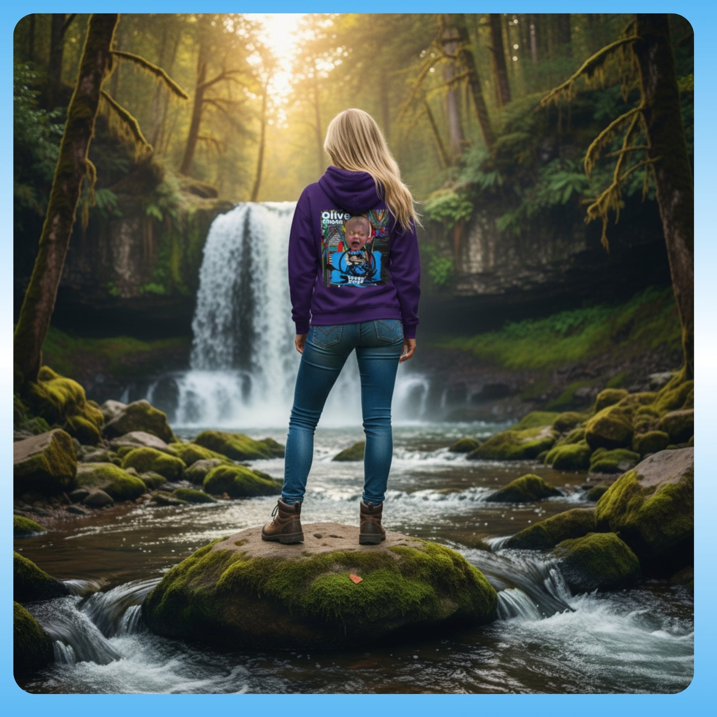 olive Chaos Purple Paddle Frogs Outdoor Gear Hoodie pull over coat Person wearing a purple hoodie with a graphic design, standing on a rock by a waterfall in a forest.