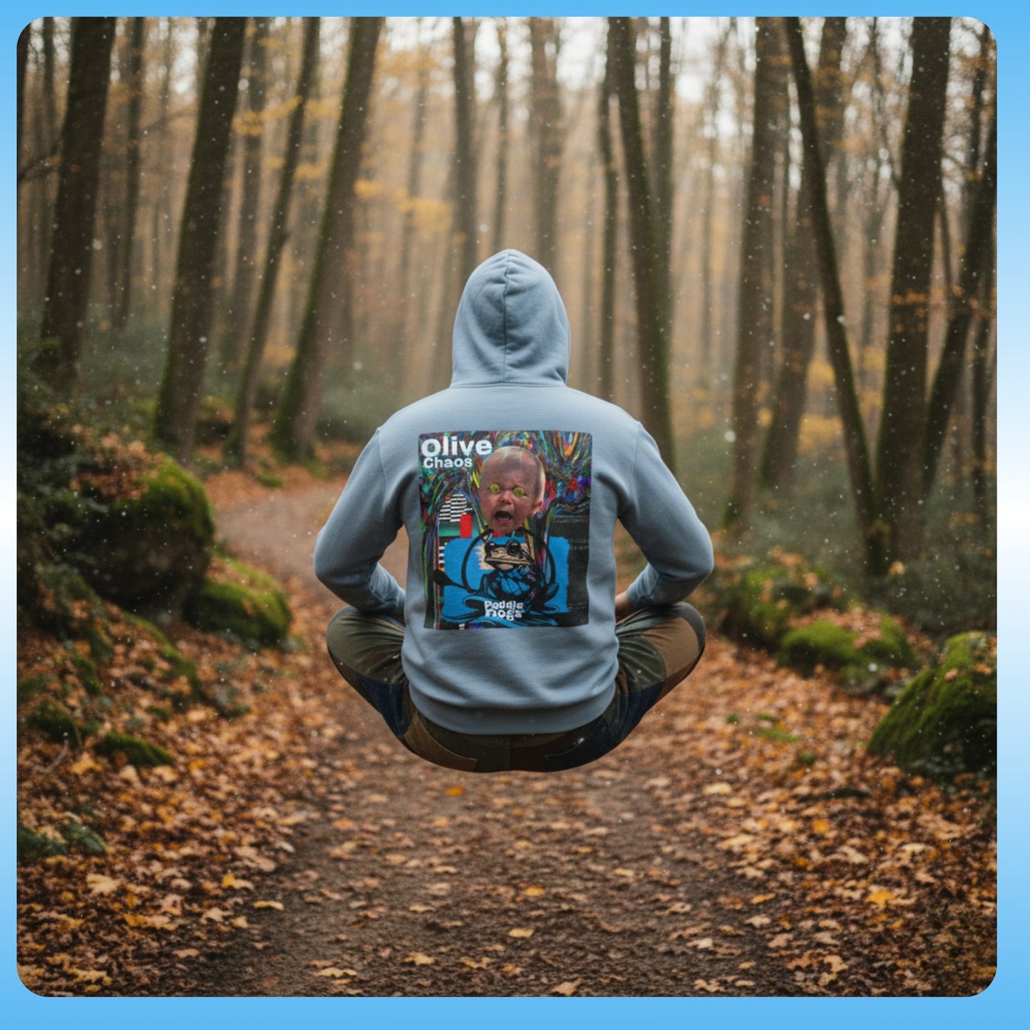olive Chaos Stone Blue Paddle Frogs Outdoor Gear Hoodie pull over coat Person sitting in a forest wearing a hoodie with a graphic design on the back.