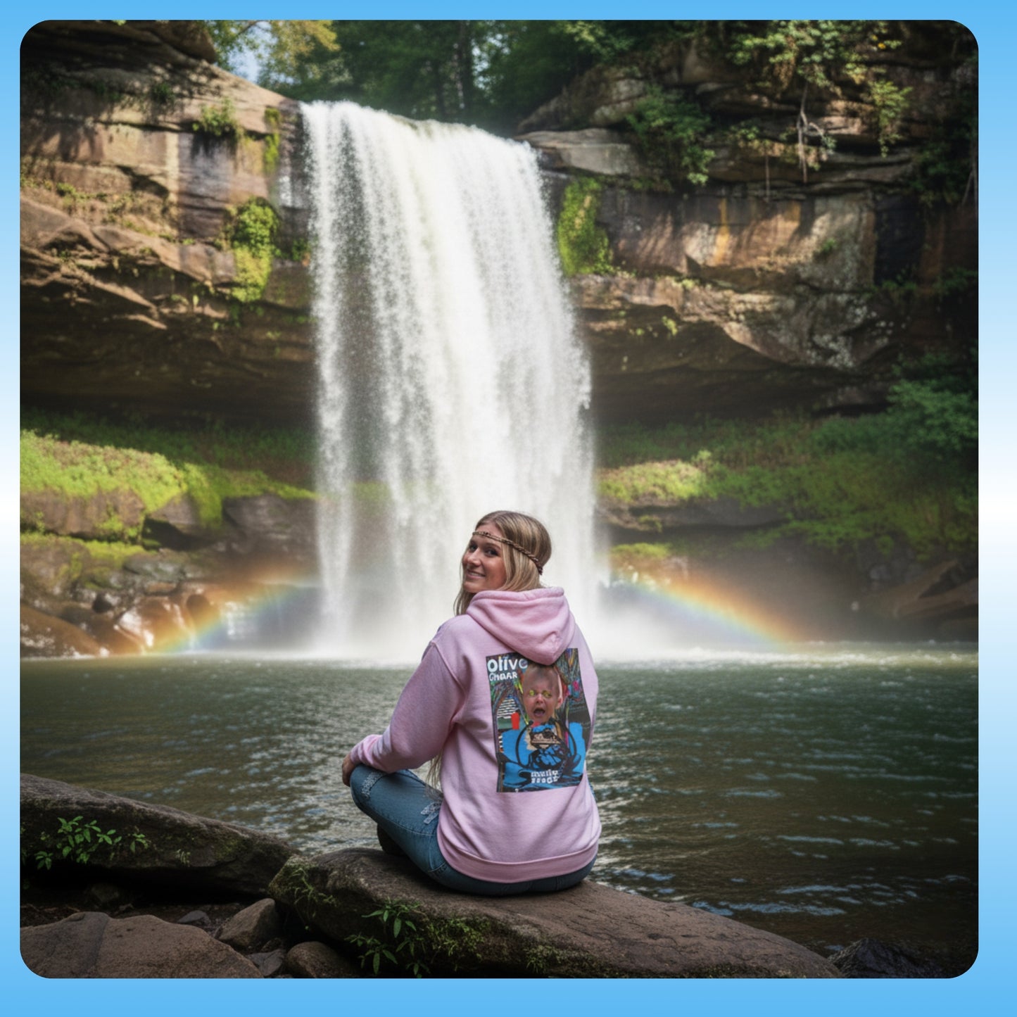 olive Chaos light pink Paddle Frogs Outdoor Gear Hoodie pull over coat young blonde lady at a waterfall sitting crisscross applesauce with a rainbow