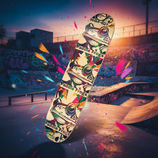 Paddle Frogs Kaleidoscope skateboard with a skatepark background