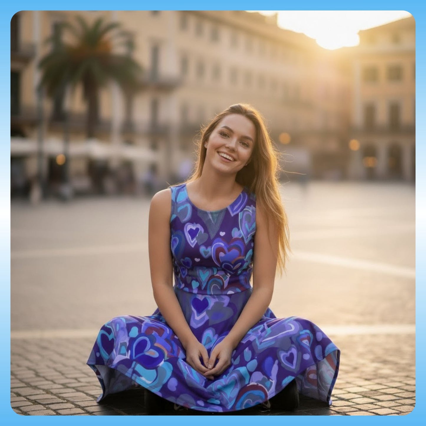 sitting crisscross applesauce in the Dancing Heart Longboard Dress | Woman in a colorful dress sitting on a street with a blurred background