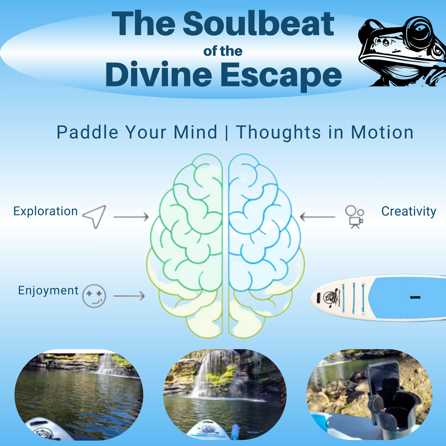 the Soulbeat of the Divine Escape paddle board Paddle Your Mind Thoughts in Motion Exploration Creativity Enjoyment | Promotional graphic for 'The Soulbeat of the Divine Escape' with brain illustration and outdoor activities.