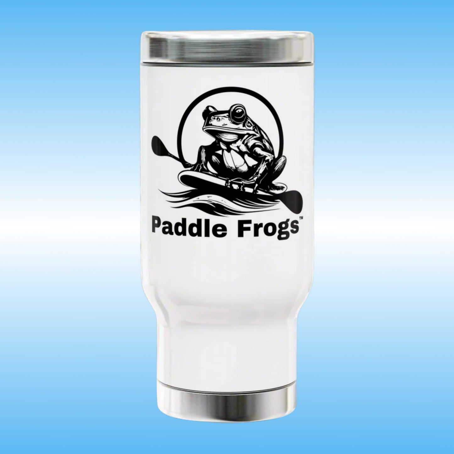White travel mug features a classic black and white design with the iconic Paddle Frogs Outdoor Gear frog on a paddleboard. It's a timeless piece that perfectly captures the spirit of adventure
