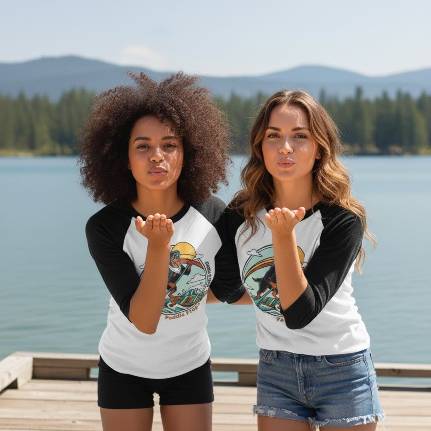 two ladies blowing a kiss wearing Rottweiler Paddleboarding tee by Paddle Frogs