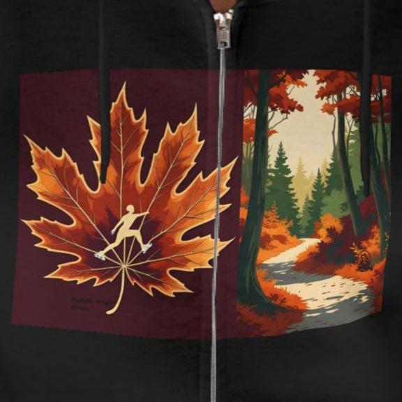 wearing the Autumn Trail in black the zipper hoodie with an ice skater on an orange leaf with nature-themed design on a neutral background with a double feature by Paddle Frogs Outdoor Gear