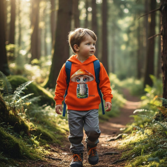 young boy Hiking deep in the forest wearing Sporeli Toddler Hoodie | Mushroom in a Jar | Paddle Frogs™ Orange