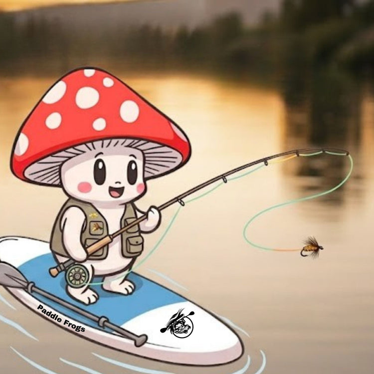 Paddle Frogs fishing lures, rods, reels with Shiro casting off on a Divine Escape paddleboard at the Emory River at Paddle Frogs agritourism shop and SUP rentals