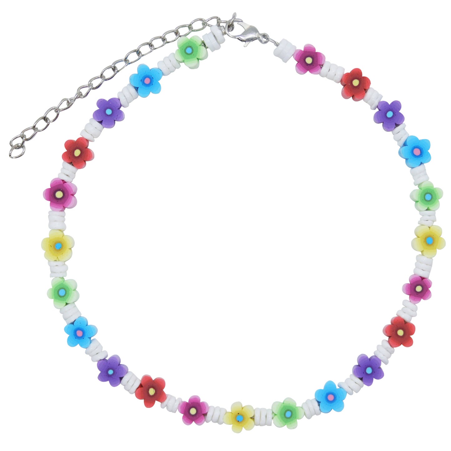 Girls 16-Inch Genuine White Clam Shell & Fimo Daisy Necklace (Blue & Green)