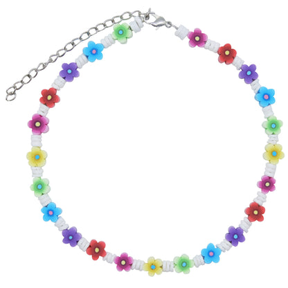 Girls 16-Inch Genuine White Clam Shell & Fimo Daisy Necklace (Blue & Green)
