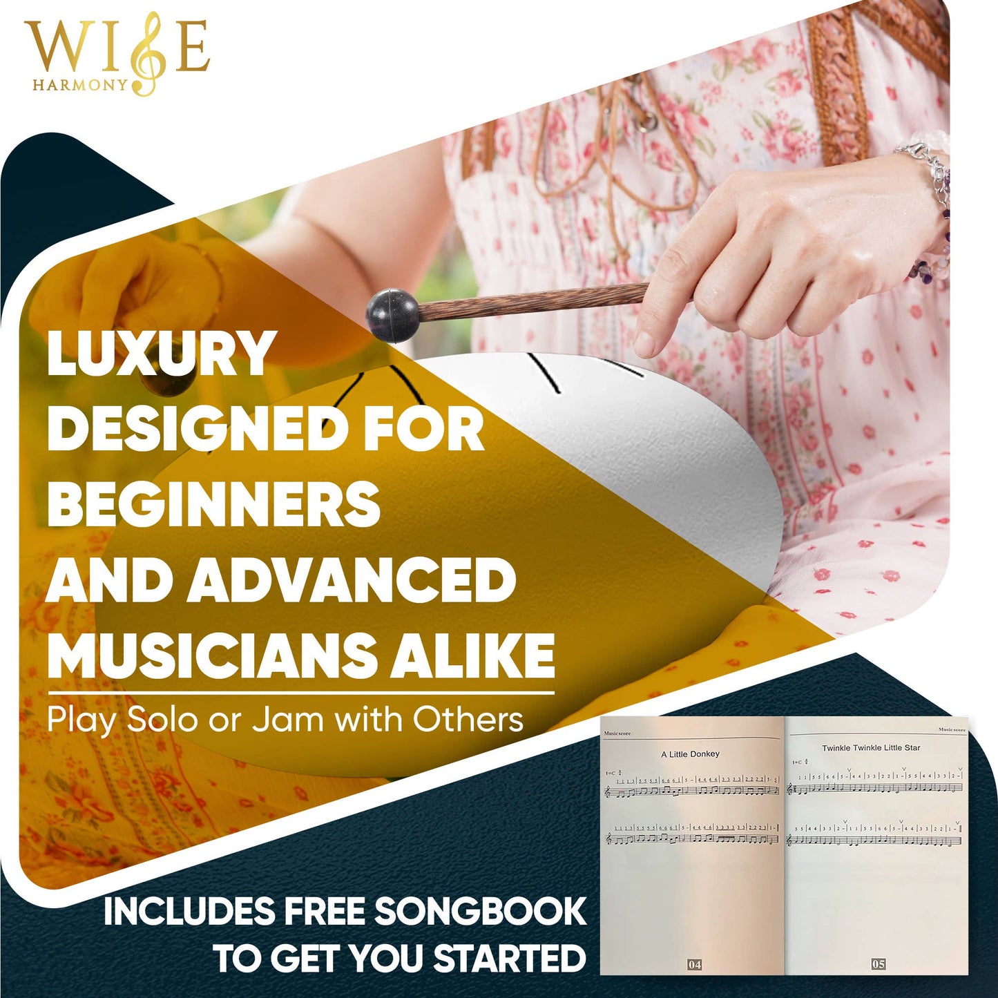 Promotional graphic for a music instrument with text about luxury design, beginner and advanced musicians, and a free songbook.