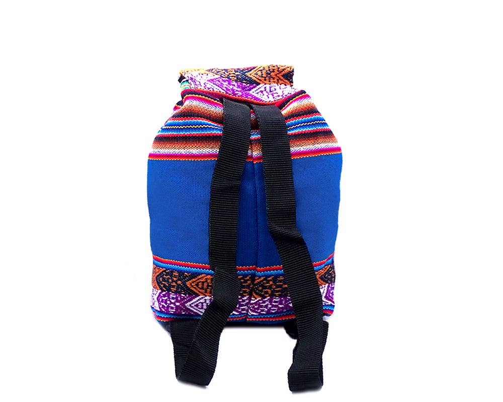 Colorful backpack with blue base and patterned top on a white background