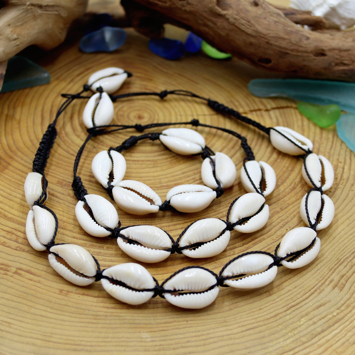 Hand-braided cowrie shell necklace, anklet, and bracelet Set (3-Piece)