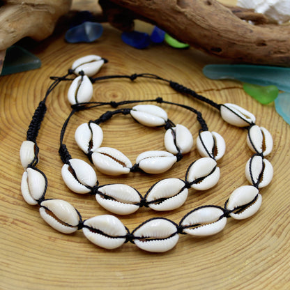 Hand-braided cowrie shell necklace, anklet, and bracelet Set (3-Piece)