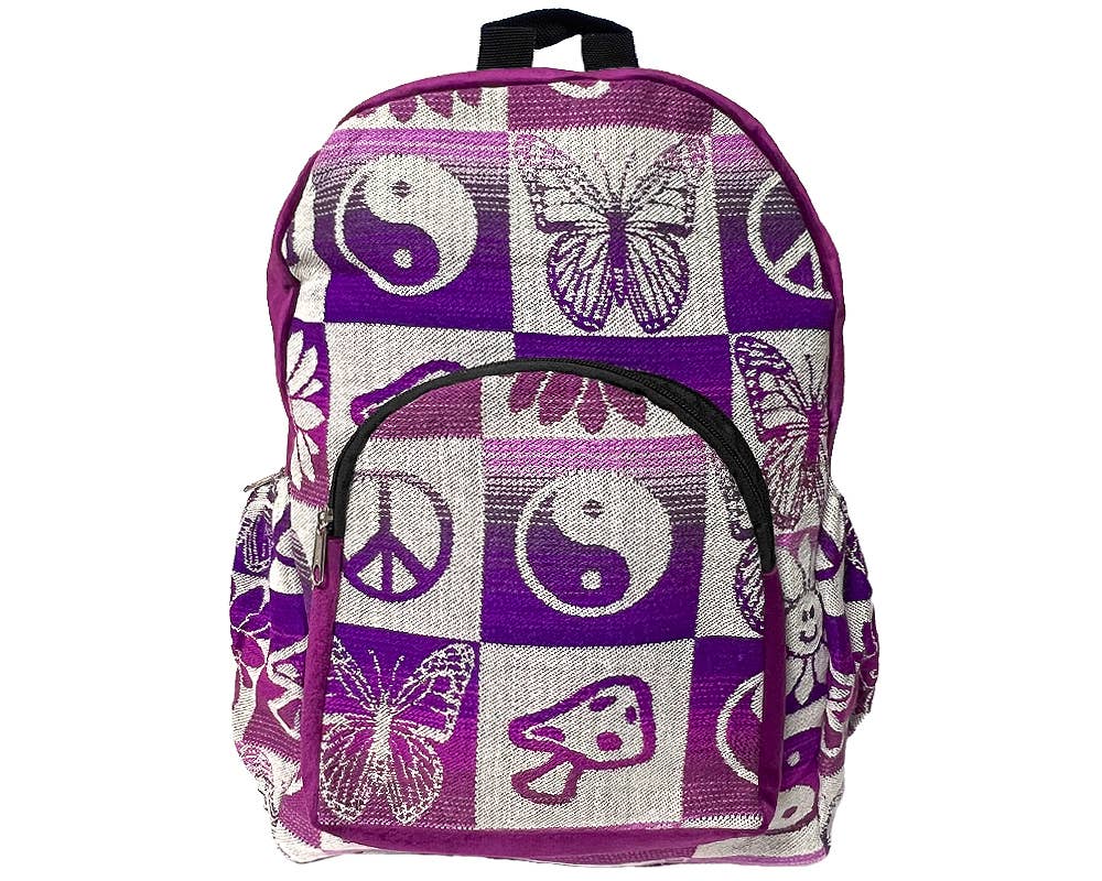 Backpack with purple and white patterns including butterflies and peace signs on a white background