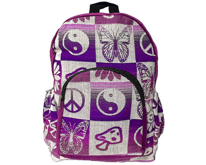 Backpack with purple and white patterns including butterflies and peace signs on a white background