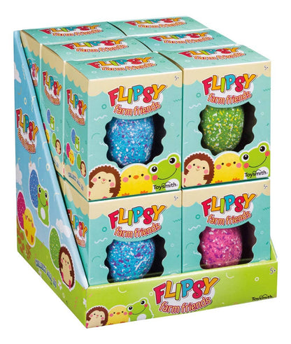 Display of Flippy Farm Friends toy boxes with colorful packaging.
