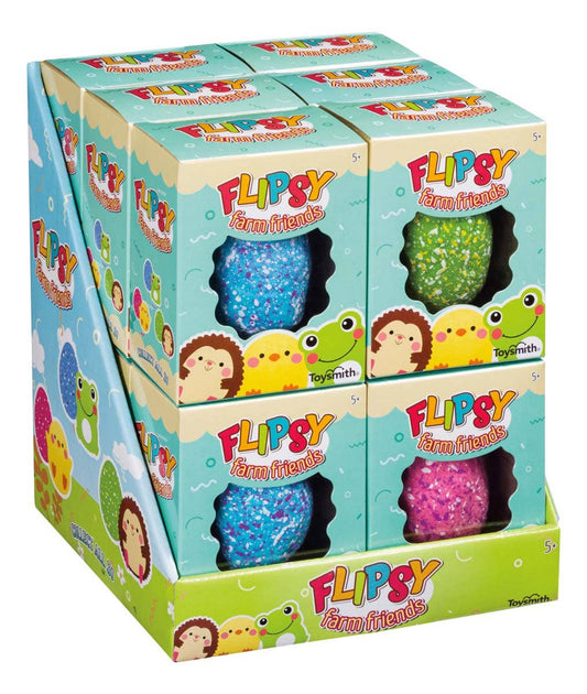 Display of Flippy Farm Friends toy boxes with colorful packaging.