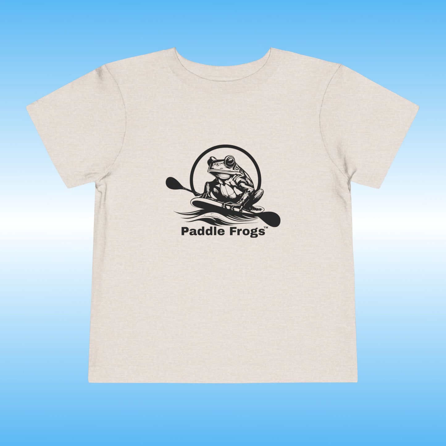 Beige t-shirt with 'Paddle Frogs' logo on a blue background
