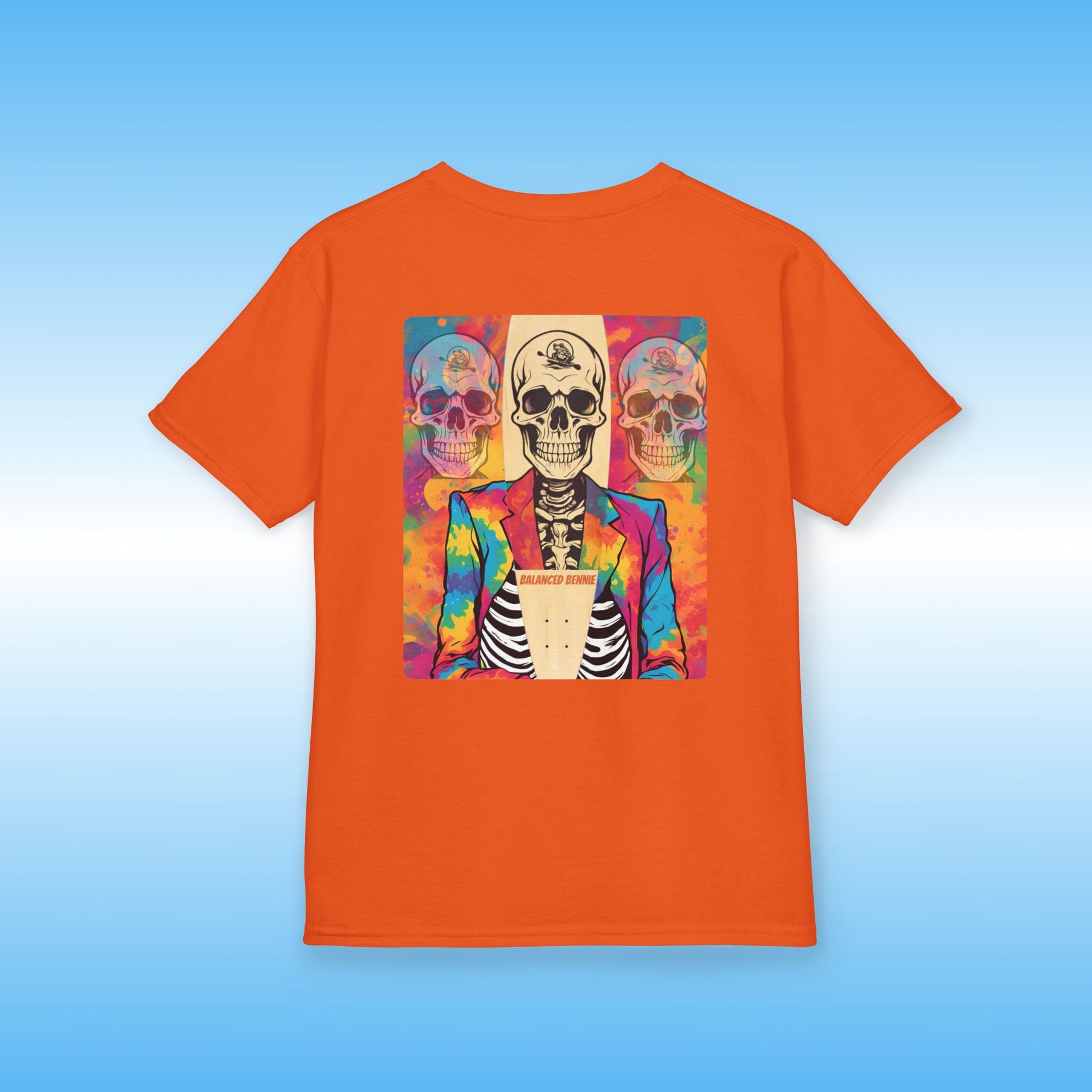 Balanced Bennie - Orange t-shirt with a colorful graphic of a skeleton in a suit on a blue background