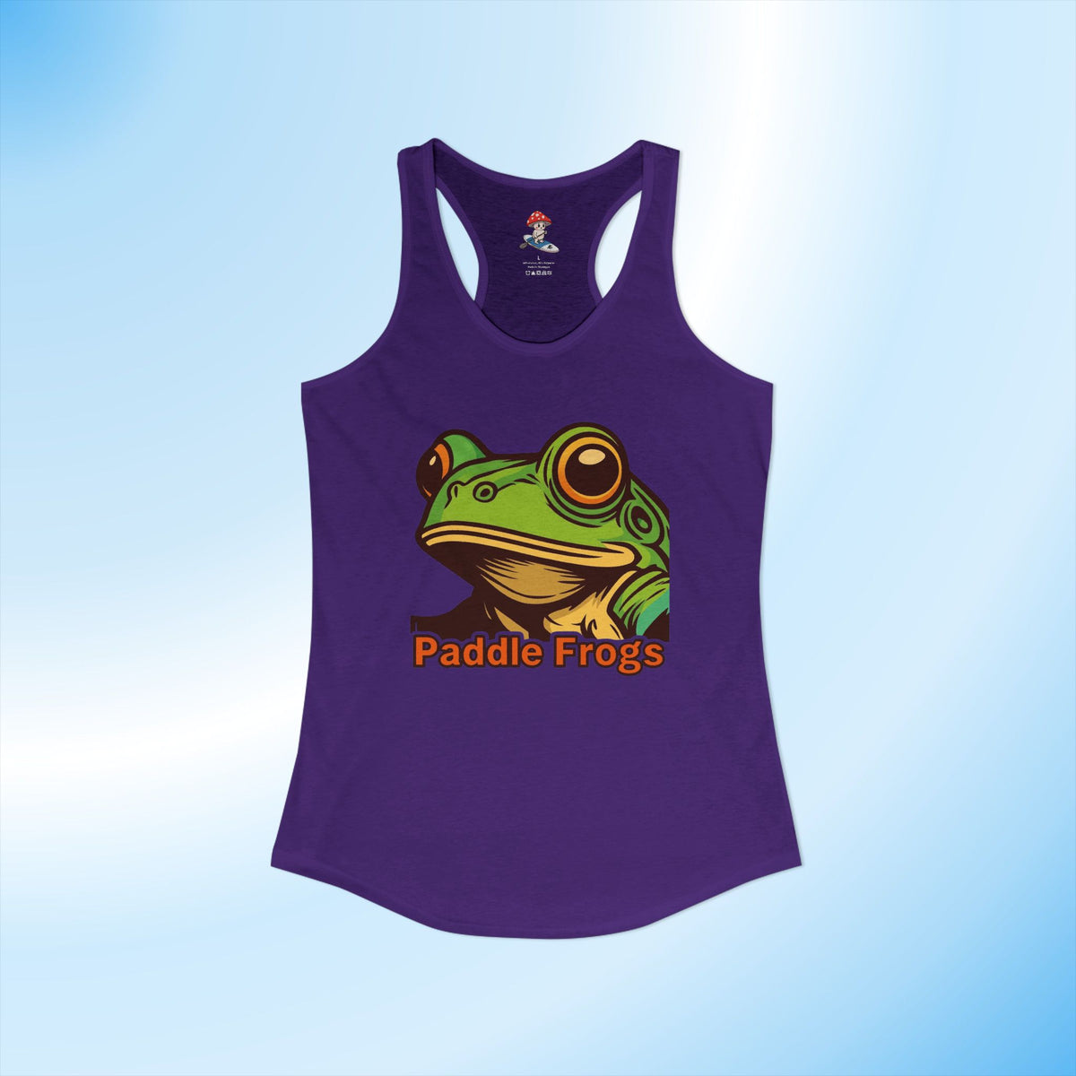 A purple racerback tank top featuring a graphic of a green frog with the text 'Paddle Frogs' in orange, displayed against a light blue gradient background. Made for Kayaking and paddleboarding lovers.