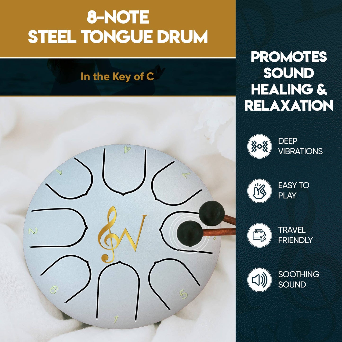 8-note steel tongue drum with promotional text on a white background