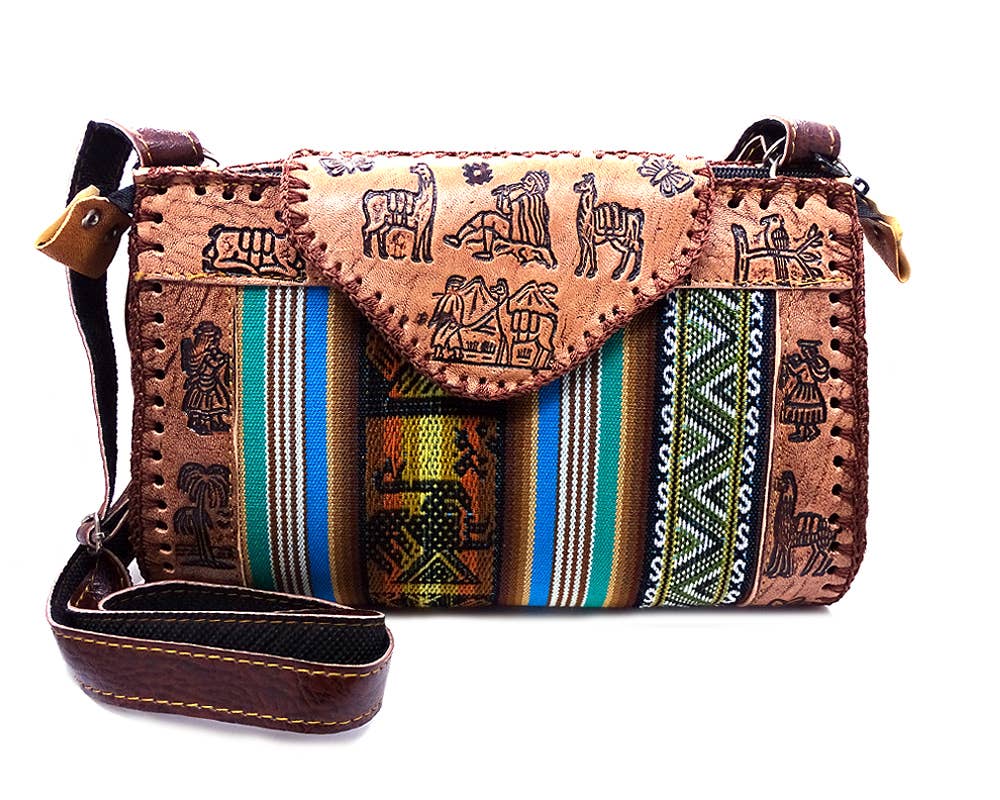 Brown leather crossbody bag with tribal patterns and colorful stripes on a white background