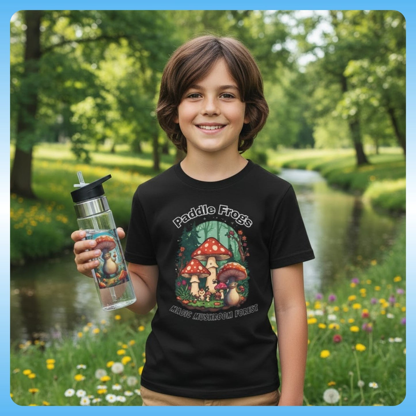11 year old boy wearing the Boletus | Magic Mushroom Forest Youth Tee - Paddle Frogs™ Kids  Child wearing a black t-shirt with a 'Paddle Frogs' design, holding a water bottle in a natural setting.