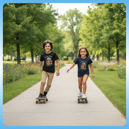11 year old girl and boy skateboarding wearing the Boletus | Magic Mushroom Forest Youth Tee - Paddle Frogs™ Kids
