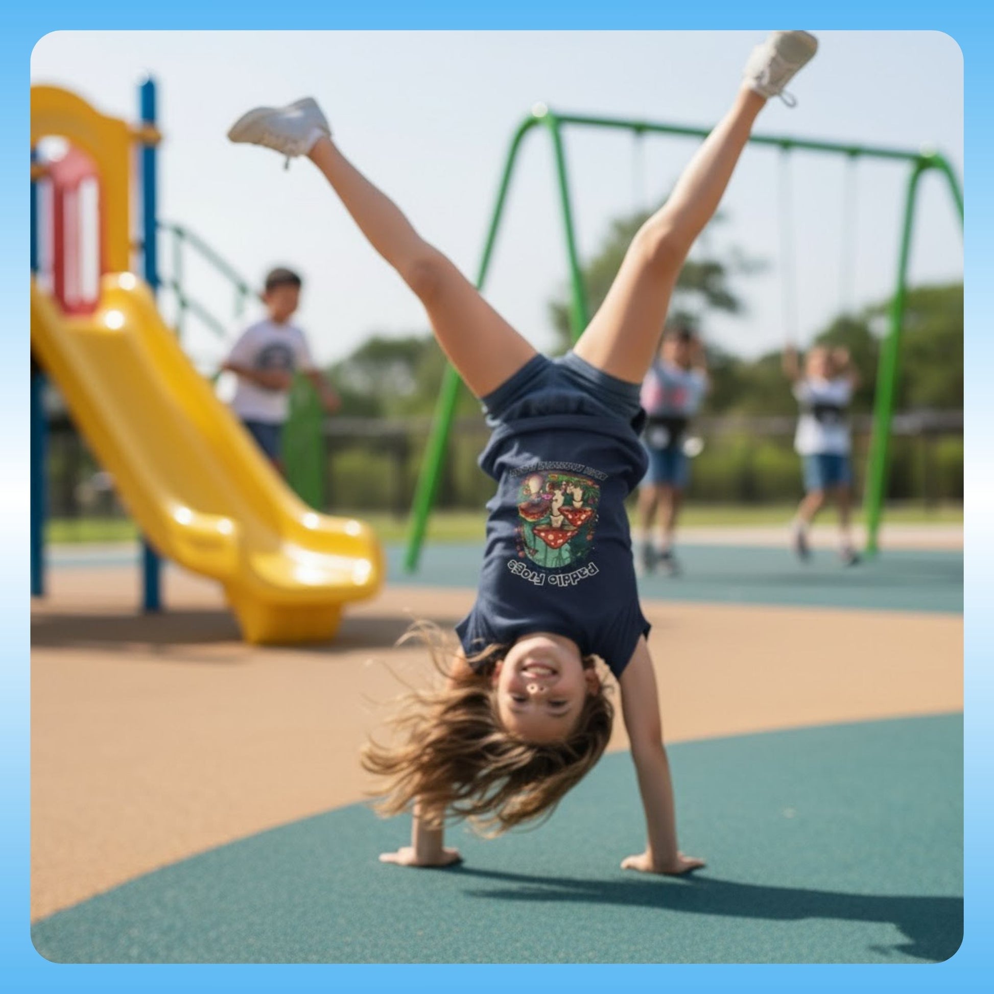 11 year old girl doing a cartwheel wearing the Boletus | Magic Mushroom Forest Youth Tee - Paddle Frogs™ Kids