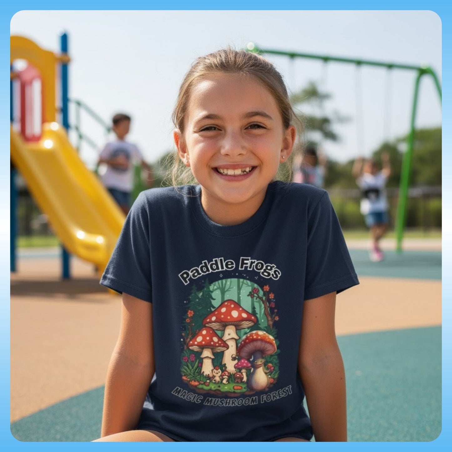 11 year old girl sitting wearing the Boletus | Magic Mushroom Forest Youth Tee - Paddle Frogs™ Kids Girl wearing a 'Paddle Frogs' t-shirt on a playground