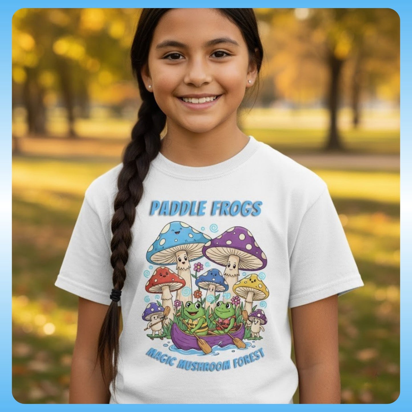 11 year old girl wearing White | Magic Mushroom Forest Youth Tee - Paddle Frogs™ Kids