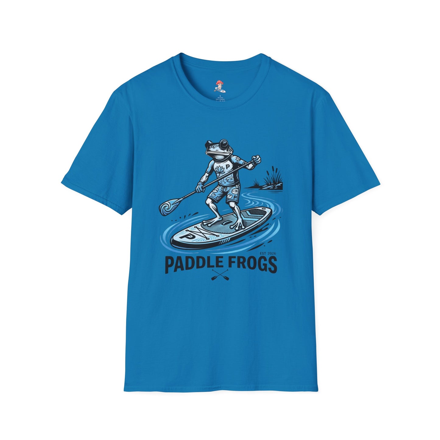 Stand-Up Paddleboard Frog T-Shirt — Blue Surfing Frog Paddle Tee
