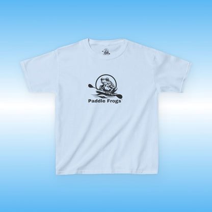 light blue t-shirt with 'Paddle Frogs' logo on a blue gradient background