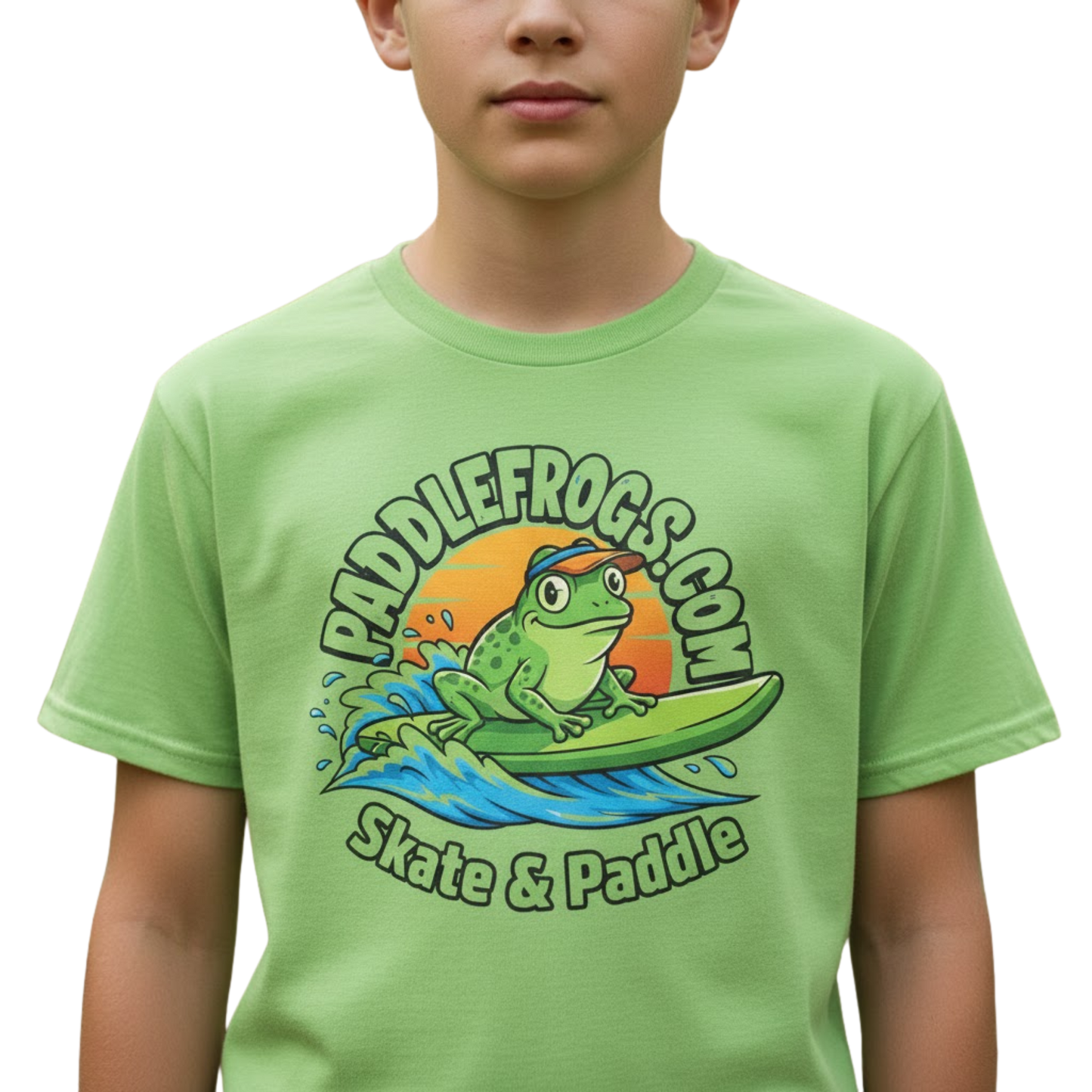 12 year old child wearing the Green Machine Paddle Boarding Frog tee by Paddle Frogs on a transparent background