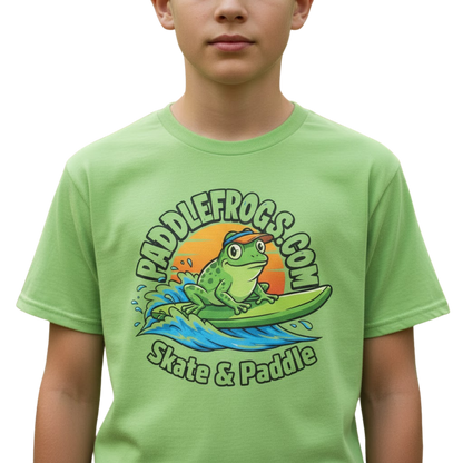 12 year old child wearing the Green Machine Paddle Boarding Frog tee by Paddle Frogs on a transparent background