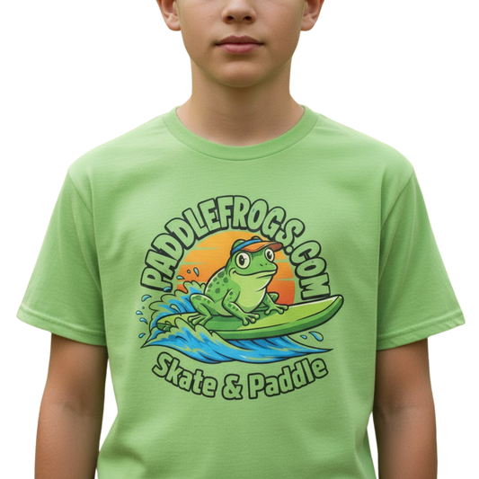 12 year old child wearing the Green Machine Paddle Boarding Frog tee by Paddle Frogs on a transparent background