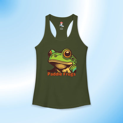 A solid military green racerback tank top featuring a graphic of a green frog with large eyes and the text 'Paddle Frogs' in orange, displayed against a light blue gradient background. Made for paddleboard lovers and kayak enthusiasts. 