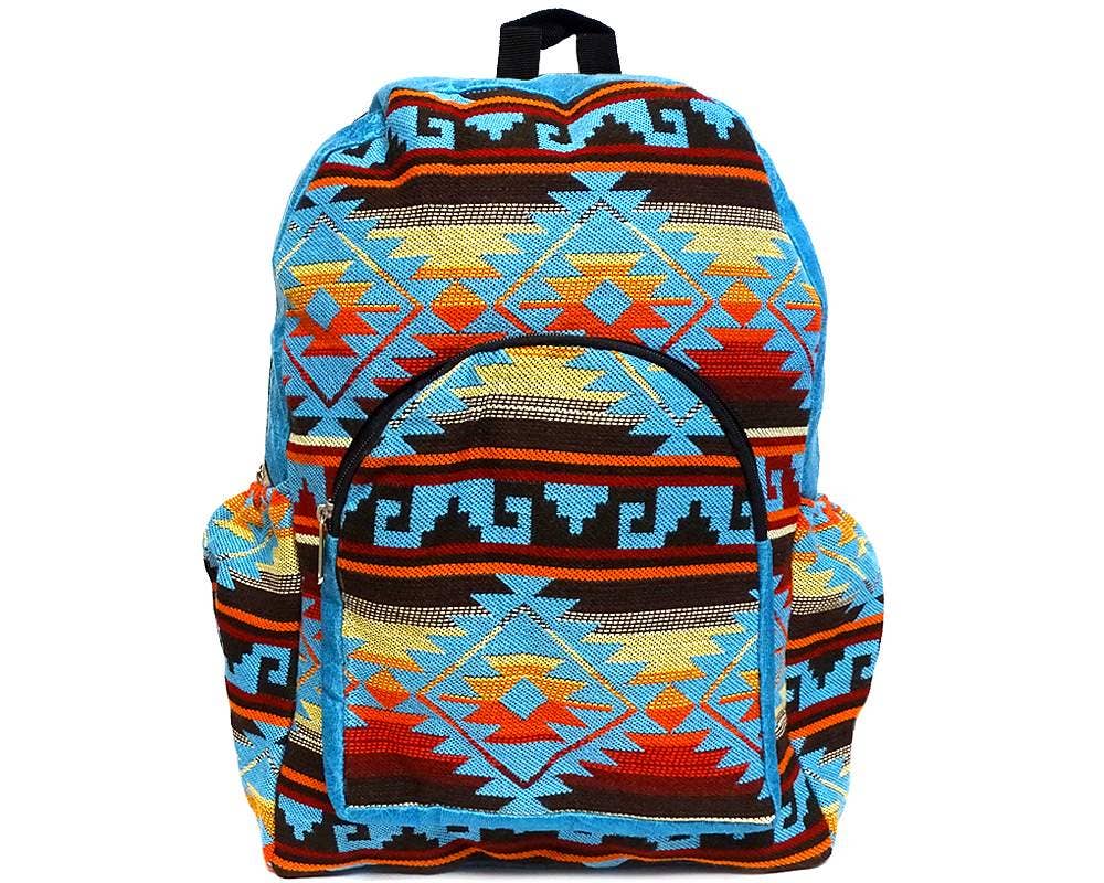 Colorful backpack with geometric pattern on a white background