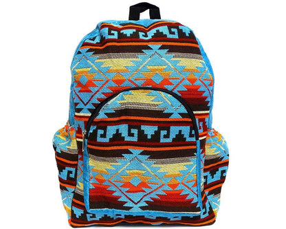 Colorful backpack with geometric pattern on a white background