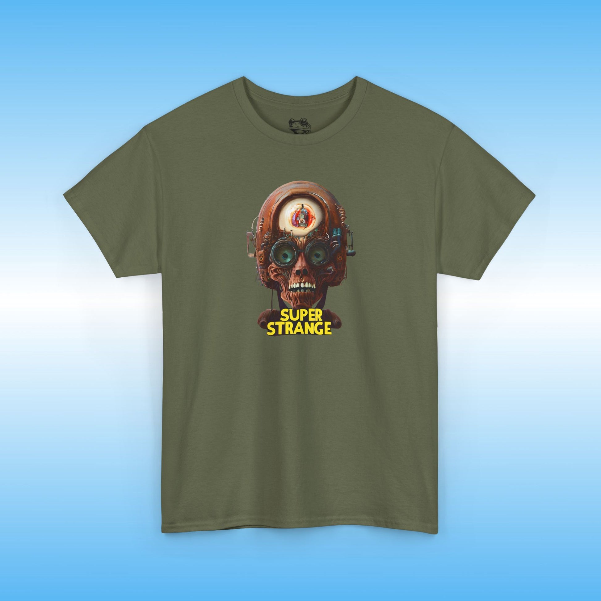 Green t-shirt with a graphic design of a skull and 'Super Strange' text on a blue background