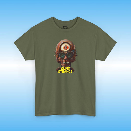 Green t-shirt with a graphic design of a skull and 'Super Strange' text on a blue background