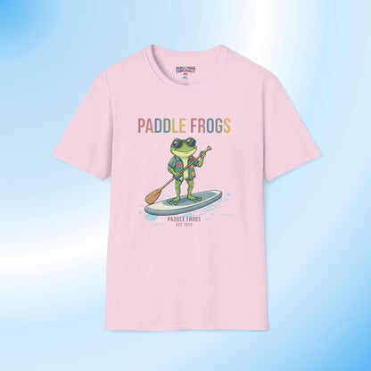 Paddling Frog Tee by Paddle Frogs Outdoor Gear brand a frog SUP paddling in glasses and a vacation Hawaiian shirt light pink 100% cotton paddleboarding t-shirt.