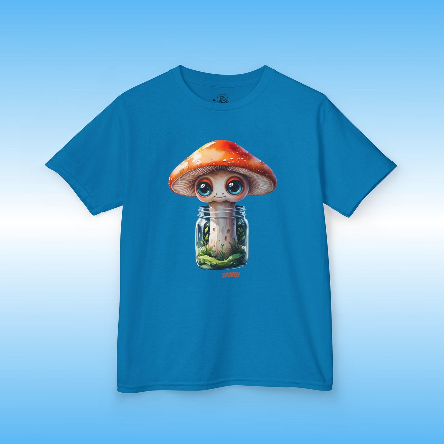 Blue t-shirt with a cartoon mushroom design on a light blue background Sporeli