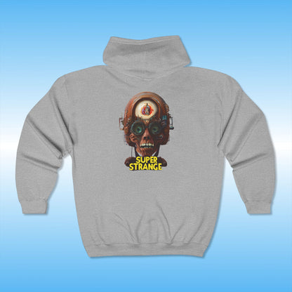 Gray hoodie with a skull design and 'Super Strange' text on a blue background